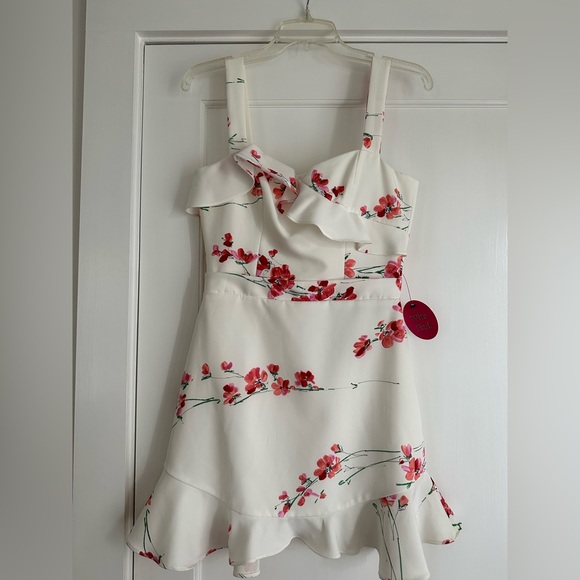 Black Halo Zalda White and Pink Floral Ruffle Mini Dress - Picture 4 of 7